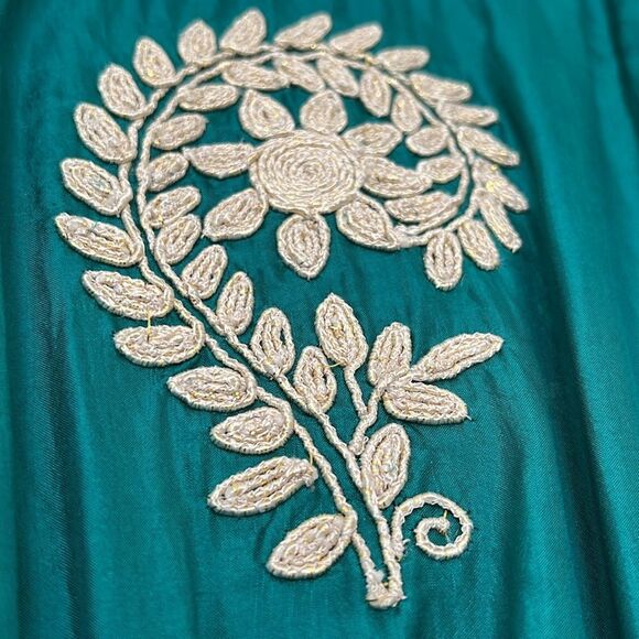 Emerald Green Leaves of Grass Mini Dress with Gold Embroidery - Picture 4 of 9